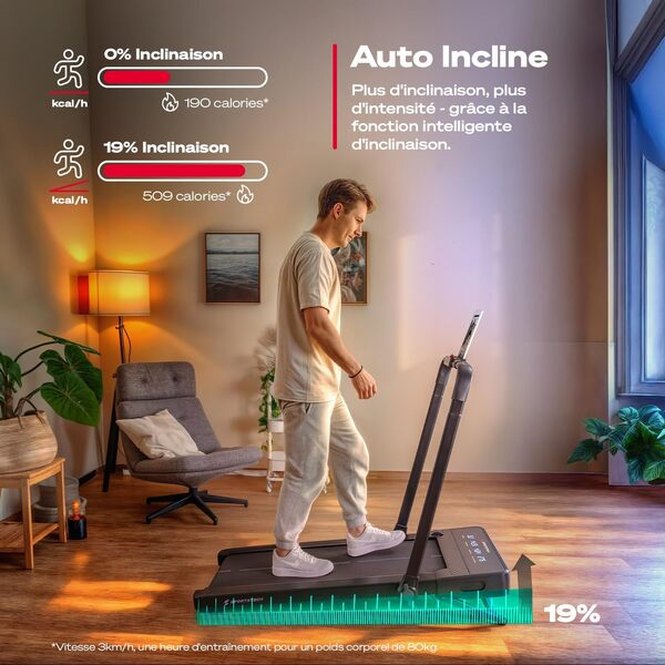 Sportstech sPad500/1000 – Tapis de Marche et de Course Compact avec Inclinaison Automatique 19%, Silencieux, connecté & idéal Maison/Bureau (8–12 km/h)